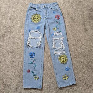 SHEIN Blue Denim High Rise Distressed Destroyed Jeans; Mod Deco; Size M